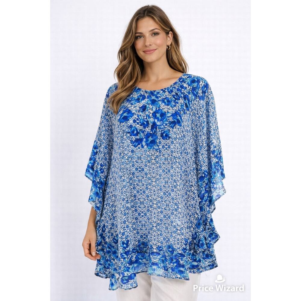 100% Silk Tunic Nicky Hilton x Tolani XS Blue Floral Boho Caftan Top Resort